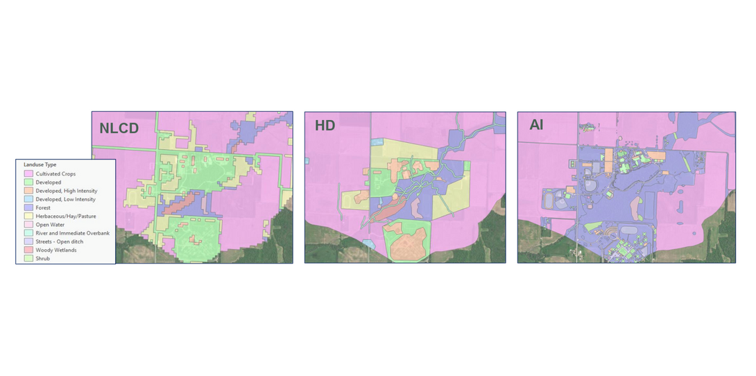 Side-by-side comparison of AI-generated land cover data versus manually delineated land cover used in HEC-RAS hydraulic modeling.