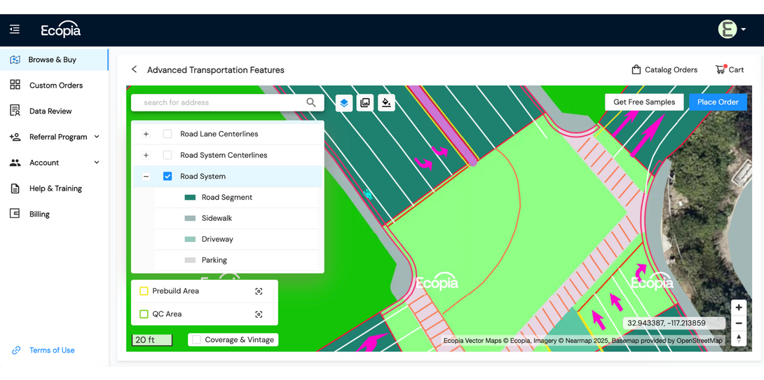 Screenshot of Ecopia AI's geospatial data portal showing 3D building data and HD vector transportation features across US cities.