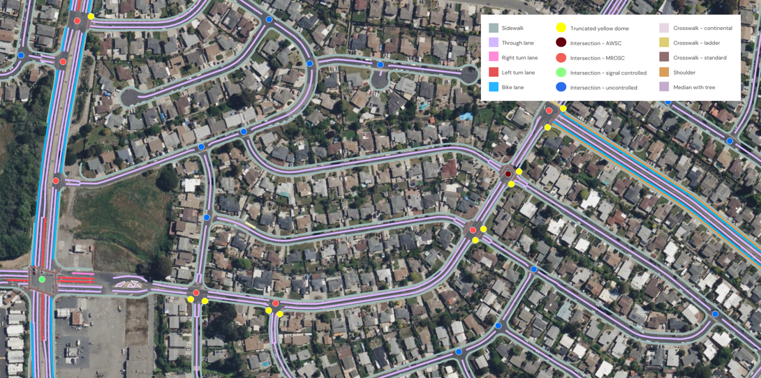 A sample of the advanced transportation features extracted by Ecopia AI in Contra Costa County, California.