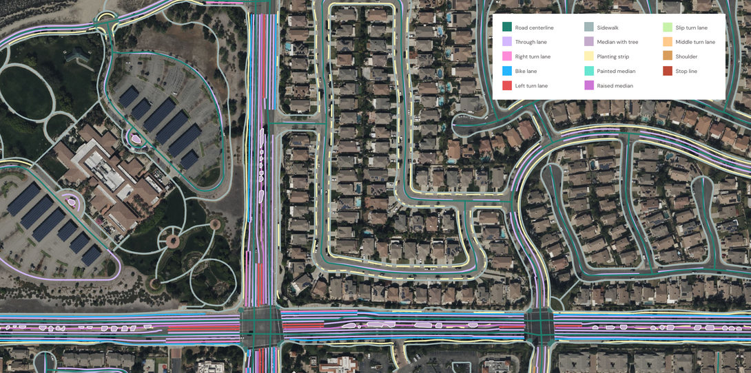 A sample of advanced transportation features Ecopia AI extracted in San Bernardino, California to support multimodal transportation planning.