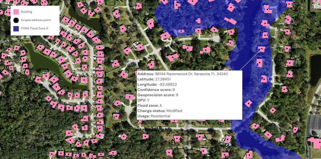 Geocoding, building footprint, and flood zone data