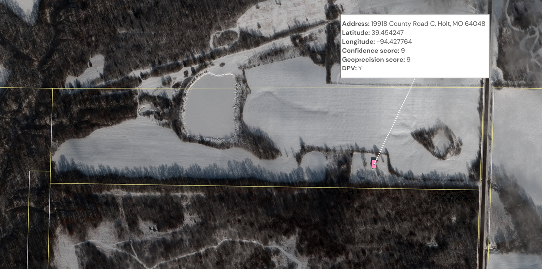 Geocoding and building footprint data identifying broadband serviceable locations on parcels