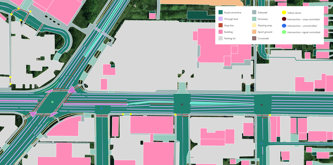 A sample of transportation mapping features and other land cover data digitized by Ecopia AI for IDOT and CMAP to support multiple planning projects.