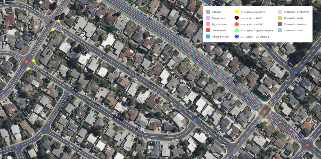 A sample of advanced transportation vector features extracted from imagery for the Contra Costa Transportation Authority by Ecopia AI