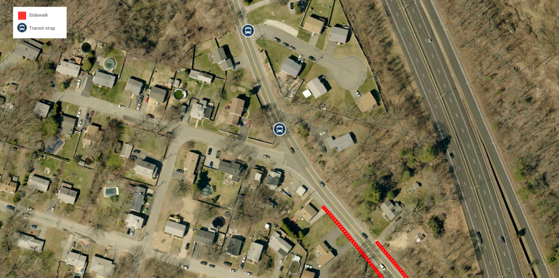 Ecopia’s data helped to identify bus stops in Providence located more than 100 feet from the nearest sidewalk, highlighting opportunities for network improvements.