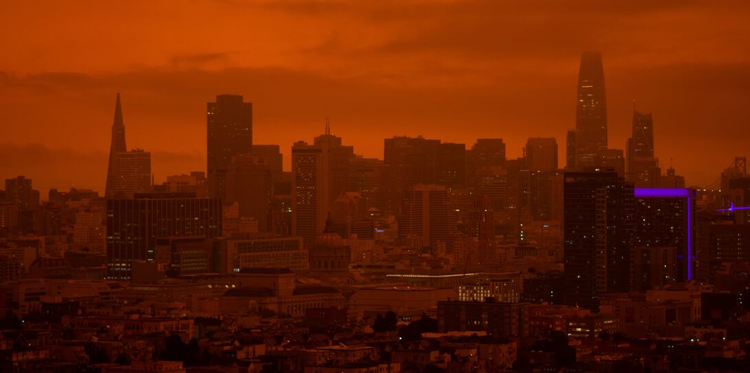 An image of San Francisco veiled in an orange haze following the wildfires in September, 2020.