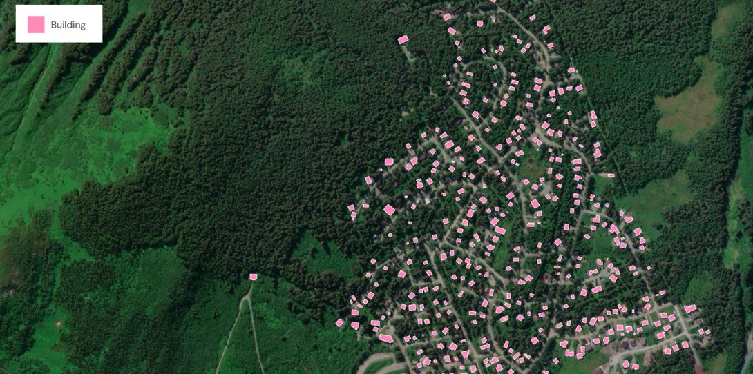 A sample of building footprints extracted by Ecopia’s AI-based mapping systems in Sand Point, Alaska.