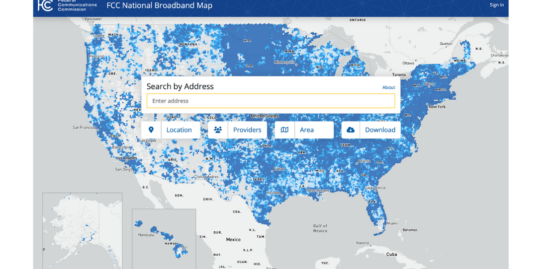 A screenshot of the FCC National Broadband Map which illustrates information about the internet services available in individual locations across the country.