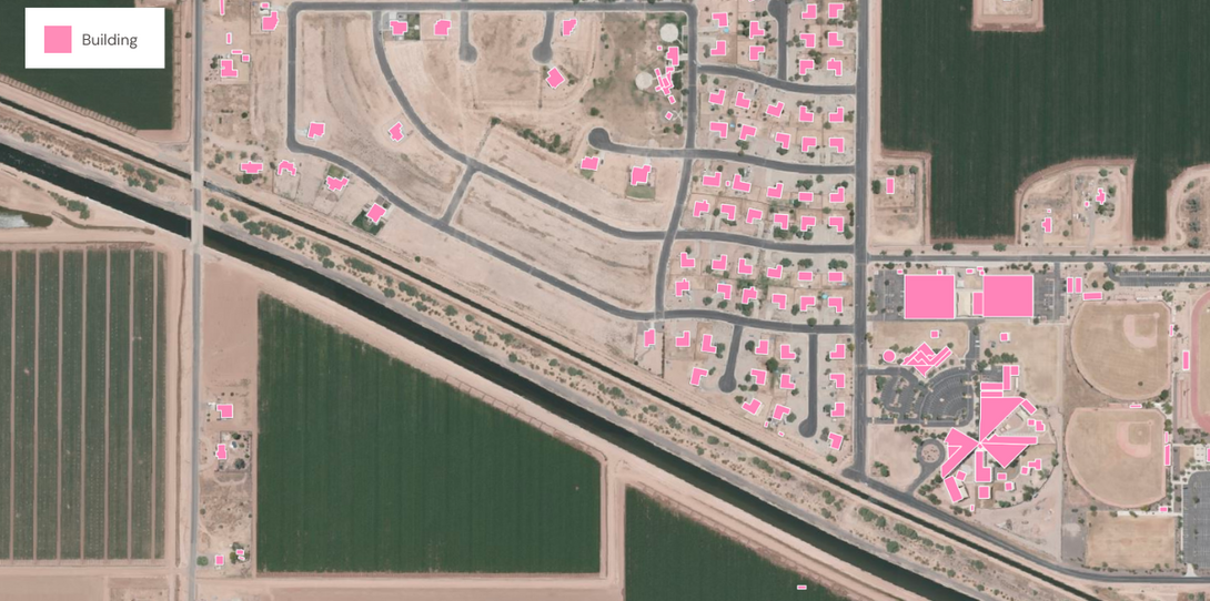 A sample of building footprints extracted by Ecopia’s AI-based mapping systems in Scottsdale, Arizona.