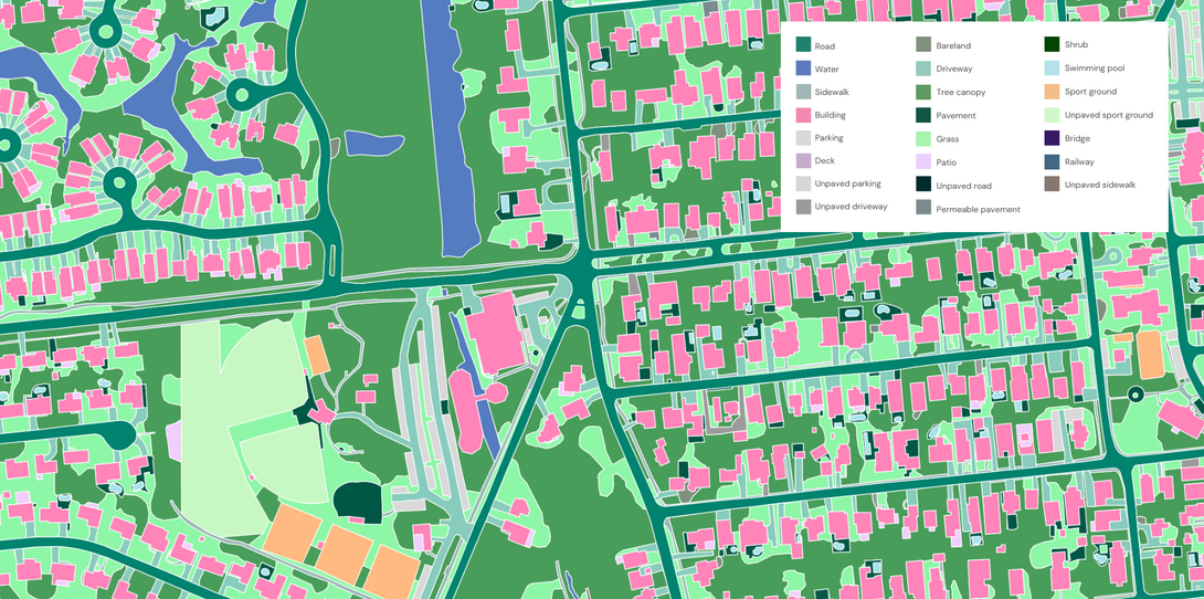 A sample of the detailed land cover data that Ecopia AI provided to Duval County, Florida, including an overlapping tree canopy cover layer.