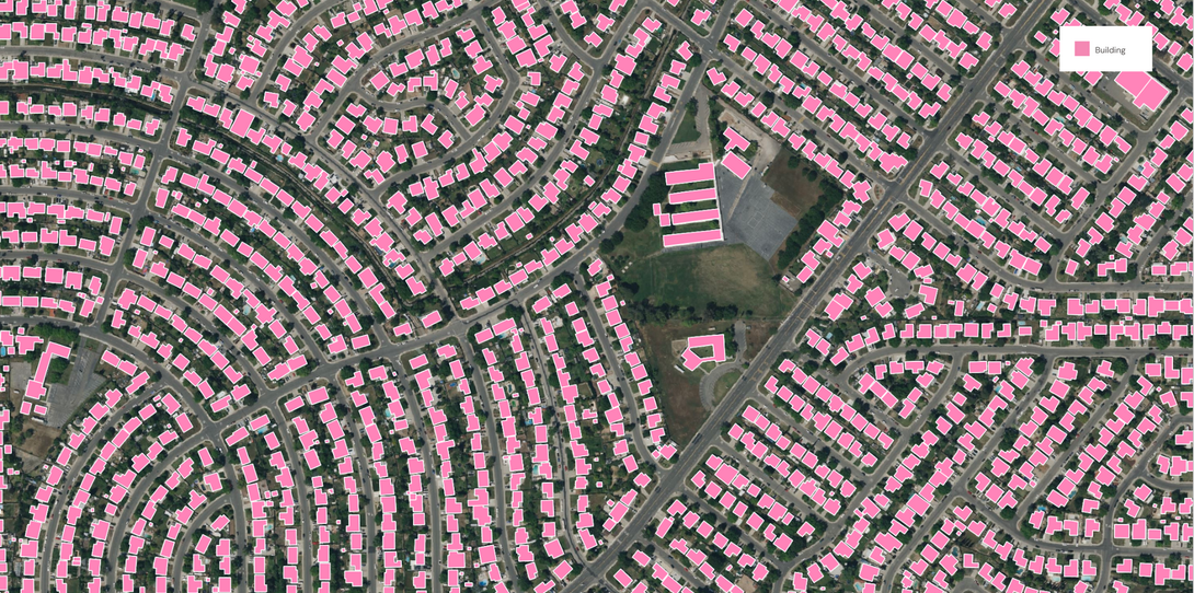 A sample of building footprints extracted by Ecopia AI in Sacramento, CA.