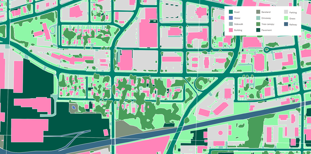 A sample of the detailed data layers extracted by Ecopia AI in Wayne County, Michigan.