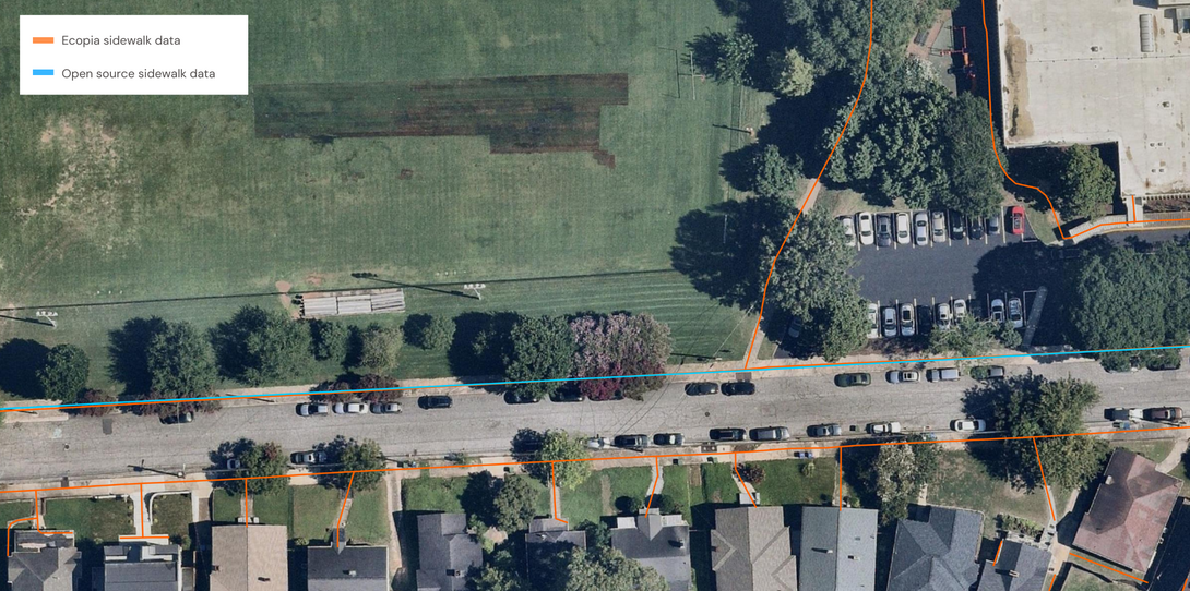 False negatives are a sign of low recall; this example shows false negatives for sidewalks in Atlanta, Georgia.