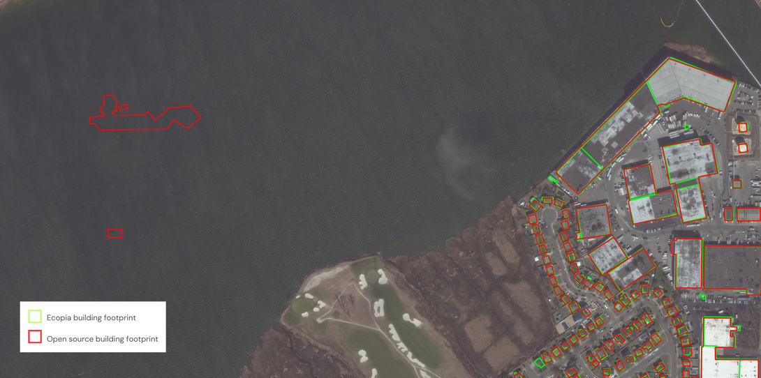 False positives indicate lower precision feature extraction and data creation; this example shows false positive building footprints in Inwood, New York.