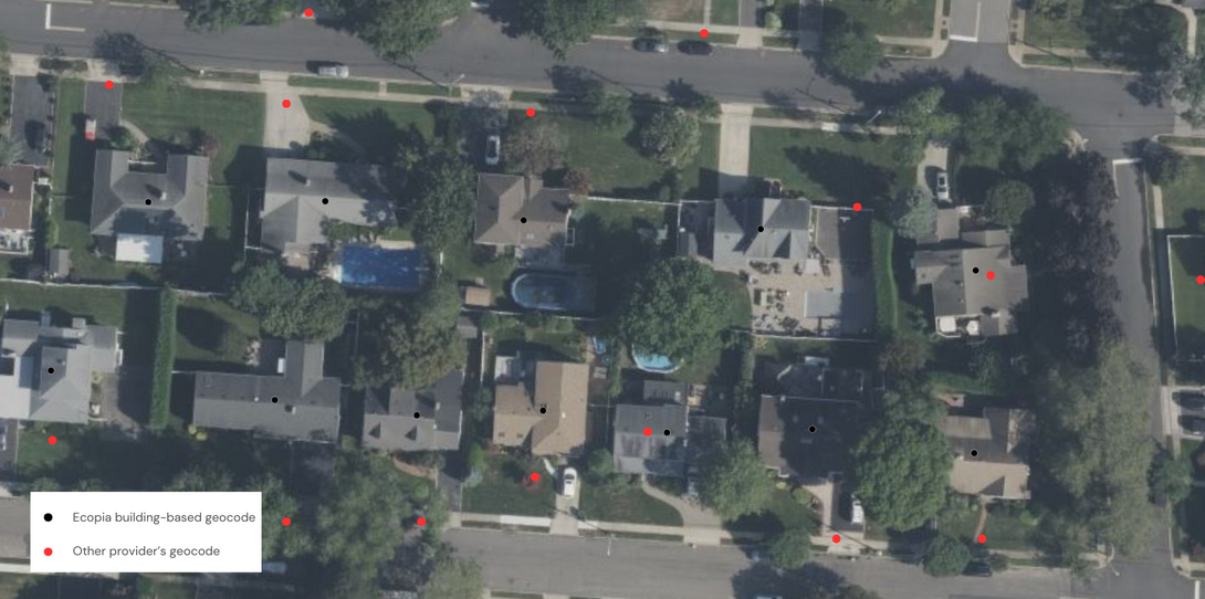 Positional accuracy refers to the spatial alignment of features on a map relative to their location in the real world; this example shows accuracy differences between Ecopia Building-Based Geocoding and another provider in Massapequa, New York. 