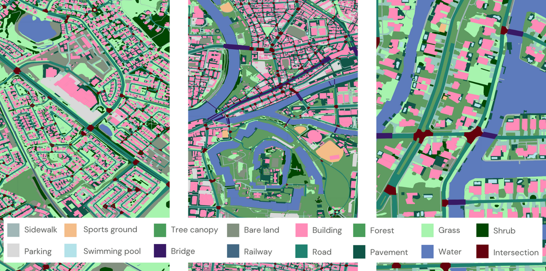 Ecopia’s standardized data schema ensures features are mapped consistently across global geographies; from left to right: Nomzamo, South Africa - Osaka, Japan - Ft. Lauderdale, Florida.
