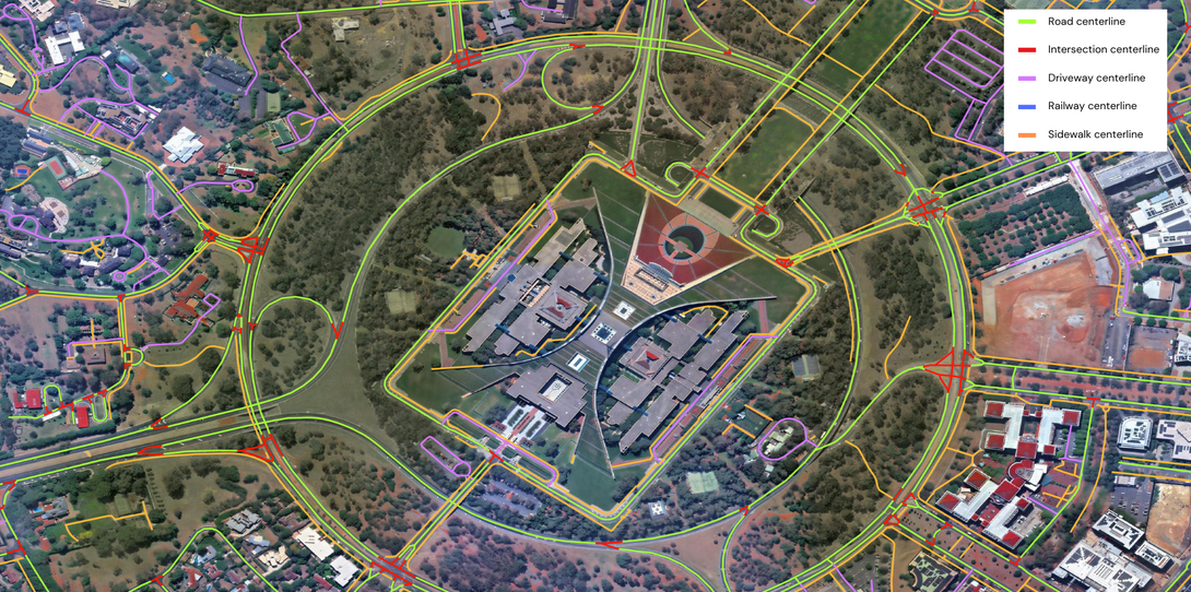 Road and sidewalk centerline data extracted from satellite imagery