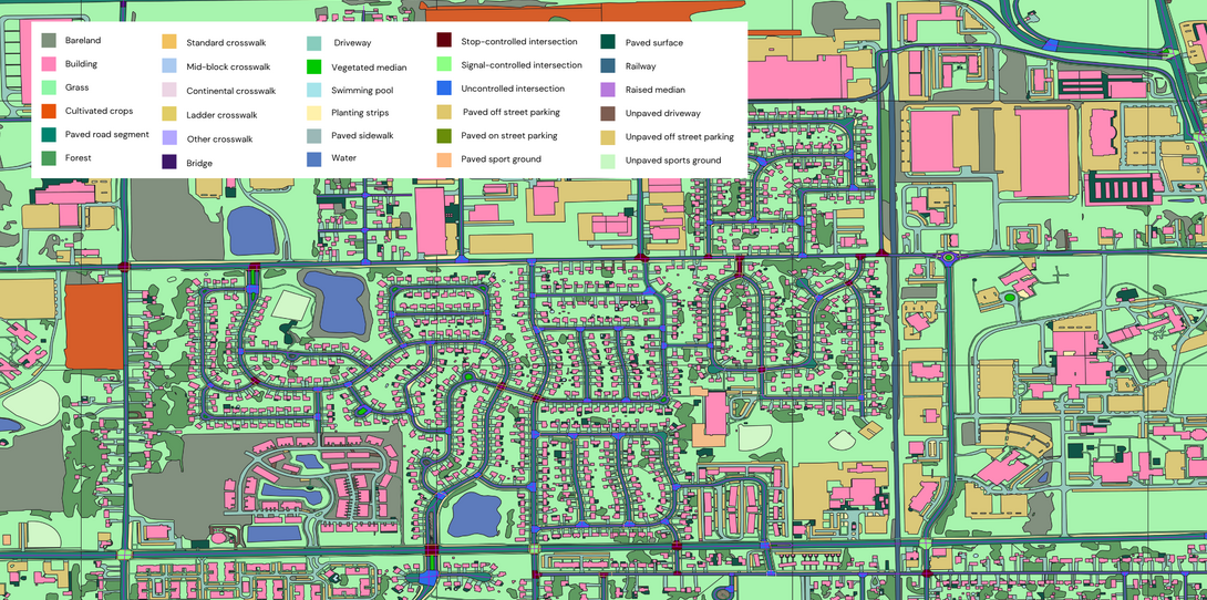 Ecopia HD vector map of northeastern Illinois showing land cover classification, building footprints, road networks, and crosswalk types across a mixed urban and suburban corridor.