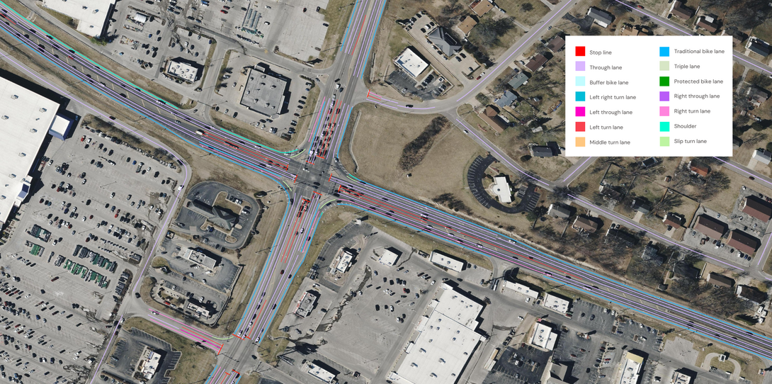 Ecopia transportation features showing lane-level details including turn lanes, bike lanes, and shoulders across a northeastern Illinois interchange.
