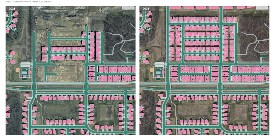 A single square mile of new development and an established neighborhood still growing: Ecopia's extraction across two Hamilton County locations, 2021 and 2024.