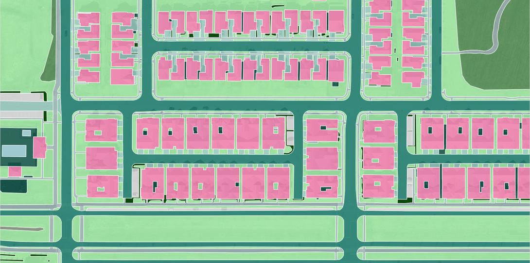 Ecopia's 2D land cover data at full detail near Fishers, 2024. Every surface mapped and classified across buildings, roads, driveways, sidewalks, grass, and forest.