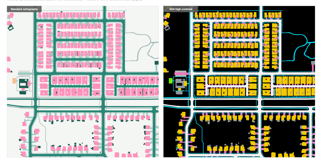 Since the data is delivered as vector polygons, Hamilton County can restyle the same impervious surface map for ADA visual accessibility. Aerial imagery alone cannot do that.