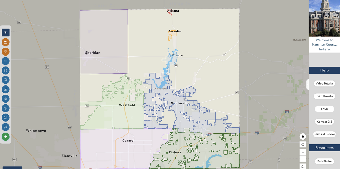 Hamilton County's 402 square miles span multiple municipalities, including Carmel, Fishers, Noblesville, Westfield, and Sheridan.