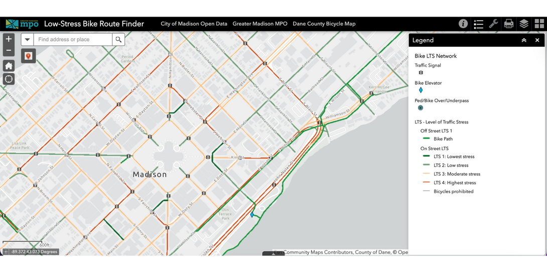 Low-stress bike route finder map